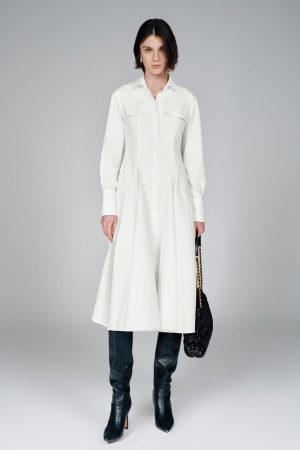 Flap Pocket Collared A-Line Midi Dresses