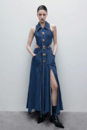 Cut Out Stretchy Sleeveless Maxi Denim Dresses