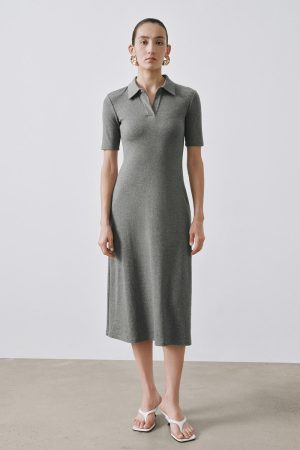 Collared Short Sleeve A-Line Midi Dresses