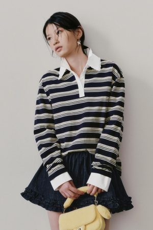 Lace Trim Collared Striped Long Sleeve T-Shirts